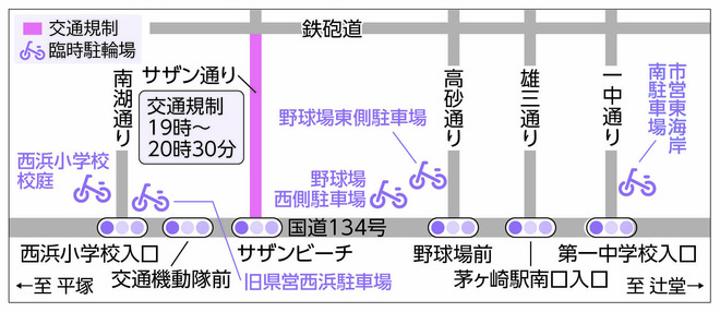 サザンビーチちがさき花火大会2022の交通規制と臨時駐輪場